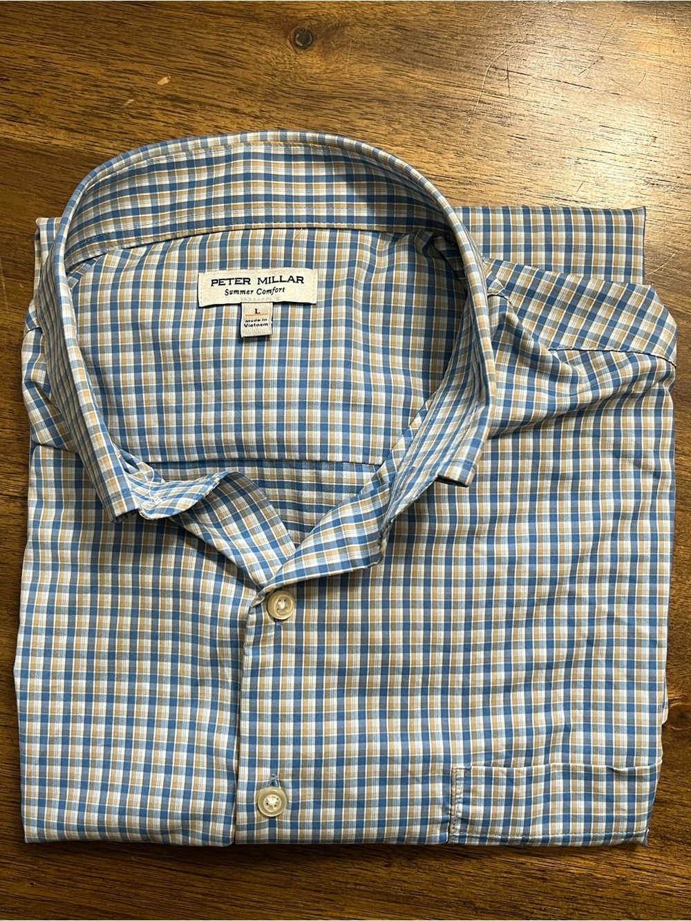 Peter Millar Summer Comfort Men’s Size Large Blue and Tan Plaid Dress Shirt